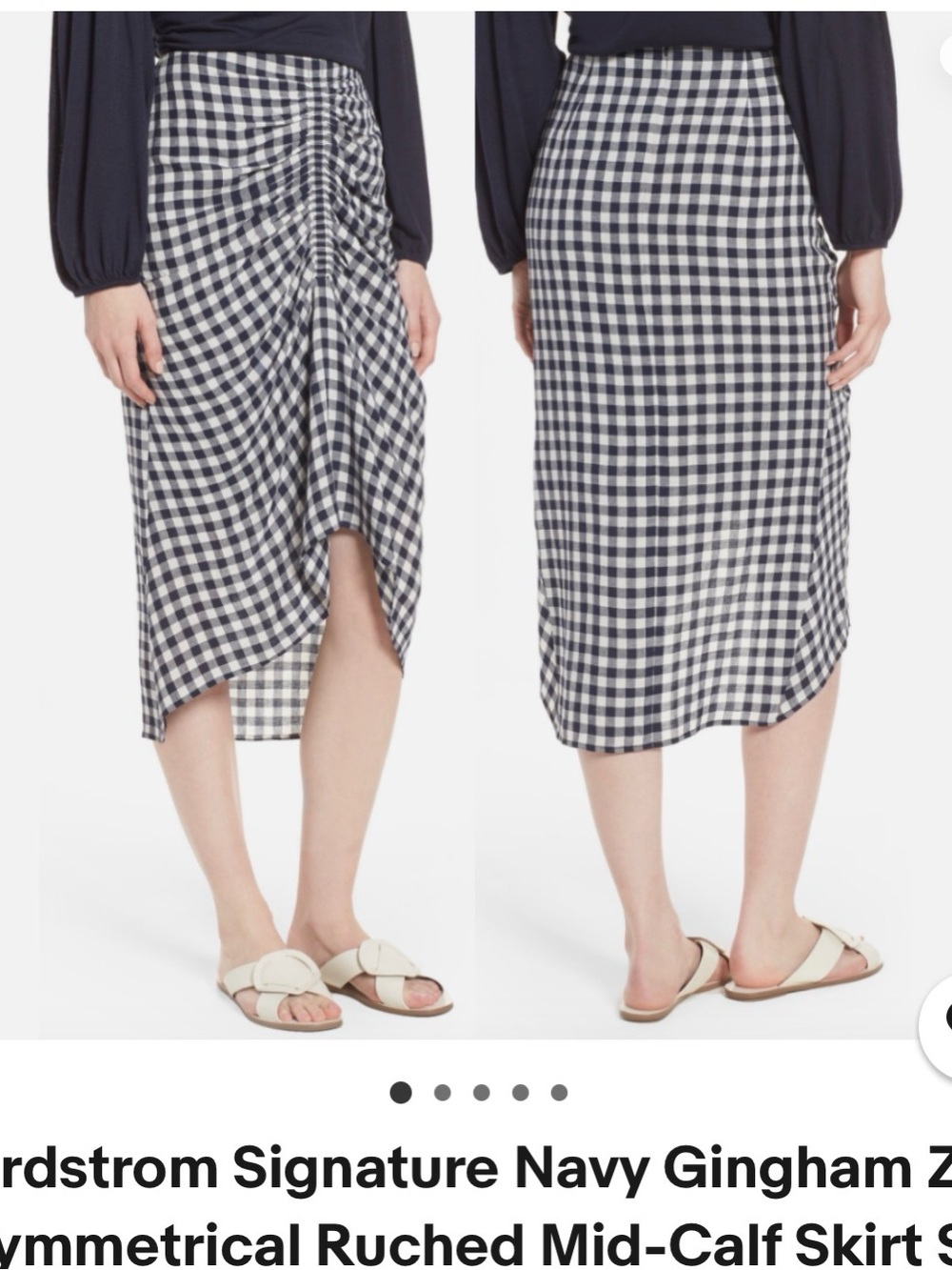 Nordstrom Navy and White Gingham Asymmetrical linen blend Ruched Midi Skirt